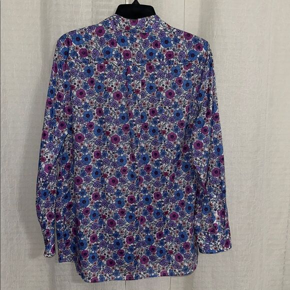 TALBOTS L White Blue Purple Poppy Ditsy Long Sleeve Modern Classic Cotton Shirt - Picture 6 of 15